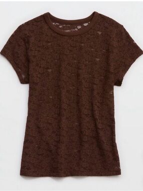 Aerie Chocolate Brown Lace Short-Sleeve Crewneck Tee